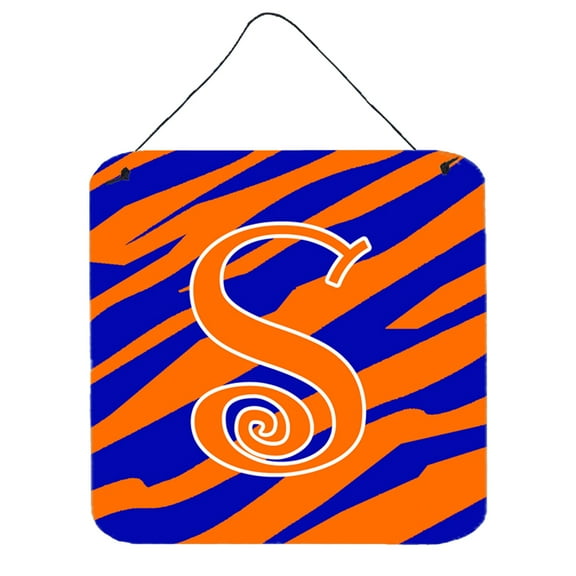Letter S Initial  Tiger Stripe Blue and Orange Wall or Door Hanging Prints