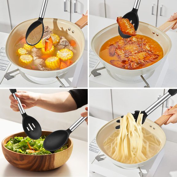 Haomacro Large Silicone Cooking Spoons, 3 Pack Nonstick Solid Slotted and Spaghetti Spoon Set, Heat Resistan Silicone Kitchen Spoons for Cooking, Serving, Basting, Mixing, Black