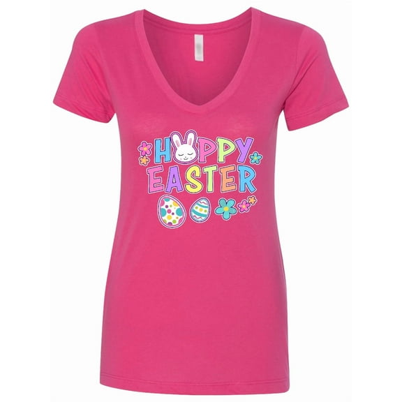 Inktastic Happy Easter with Bunny Face and Easter Eggs Women's V-Neck T-Shirt