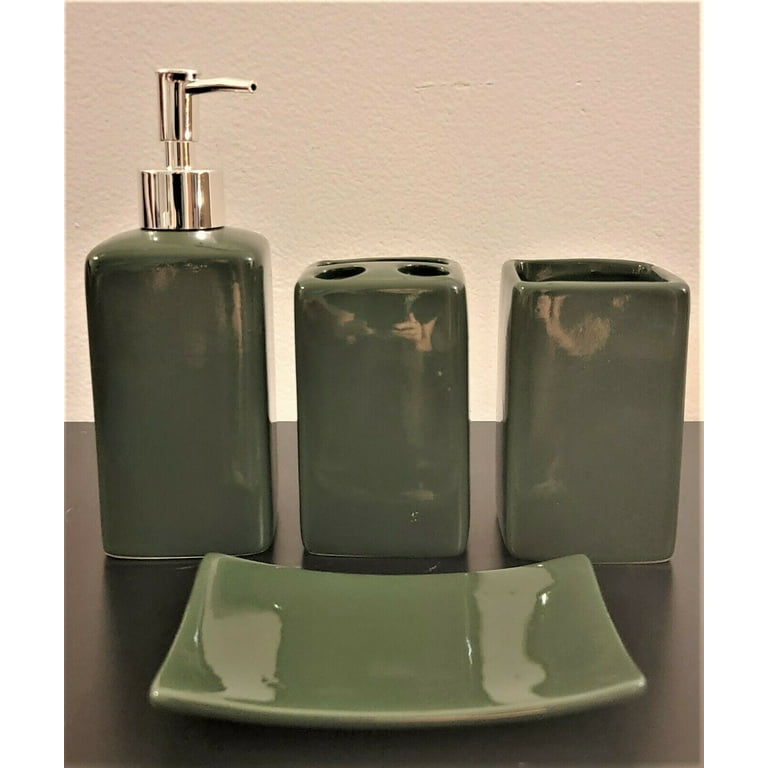 Complete 4 Piece Sage Green Ceramic Shiny Lush Bathroom Accessories Kit Set  Rug Mat Lid Cover For Bathroom Vanity Décor Solid Color Sold Separately 