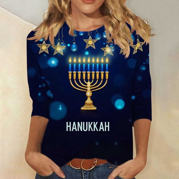 Qulqfy Funny Hanukkah Shirts for Women Plus Size 3/4 Sleeve Tops Chanukah Crew Neck Menorah Novelty Party Tops Blouses for Women L