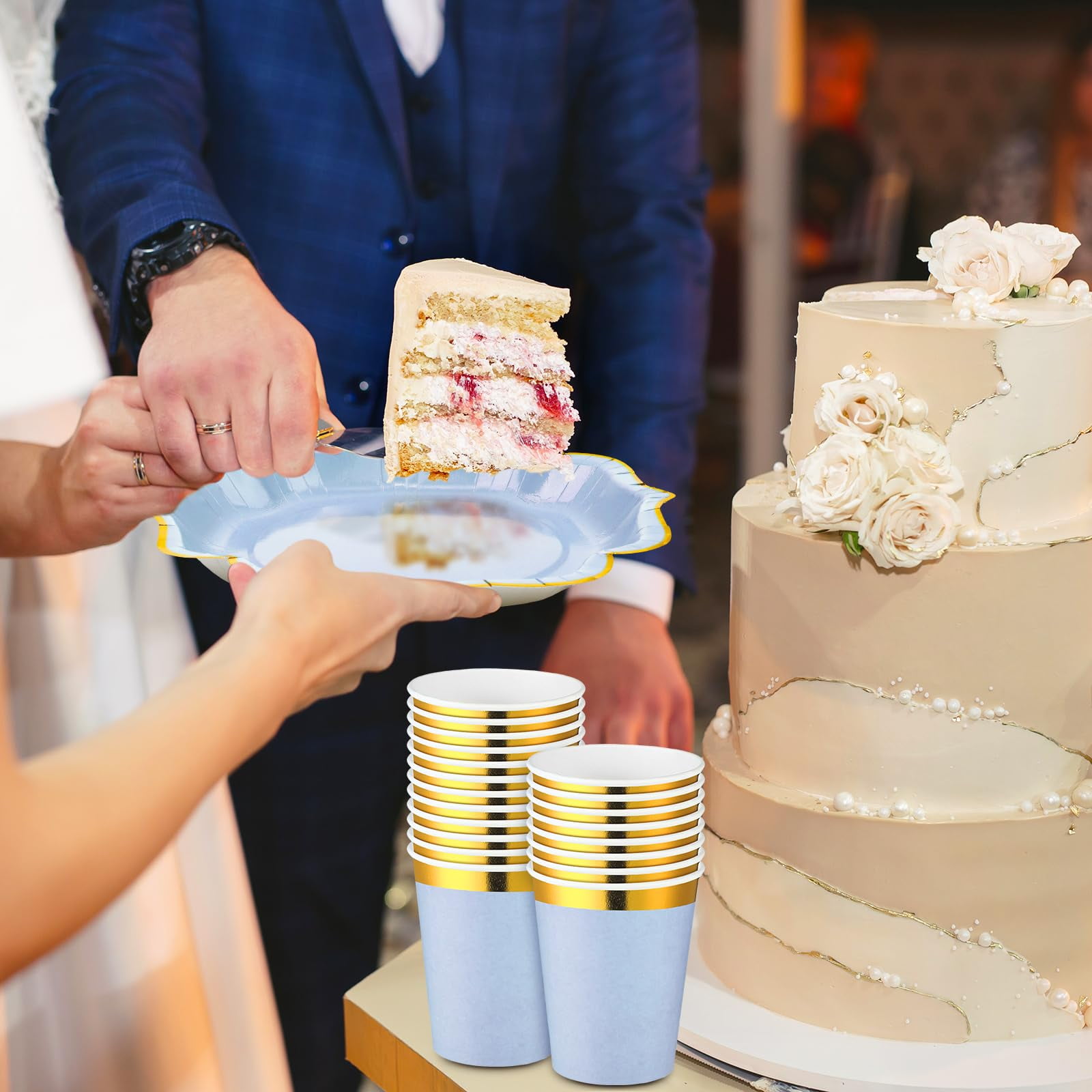 120 Pcs Blue Plates Disposable - Blue and Gold Plates 30 Guest - Baby Shower Disposable Paper Party Supplies for Wedding Birthday Party