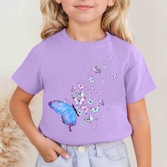 Girls T Shirts Children Cute Printed Short Sleeve Round Neck T Shirt Top Girls Tops Purple 12-13 Years