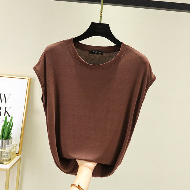 Hauts Sans Manches pour Femmes Été Modal Col Rond T-Shirt Couleur Unie Ample Décontracté T-shirts Grande Taille Mode Urbaine FJH