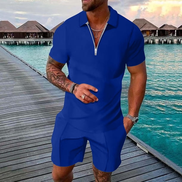 WILLBEST Traje Corto para Hombre, Dos Trajes para Hombre, Camisa y Pantalones Cortos de Color Liso con Cremallera En La Parte Superior.