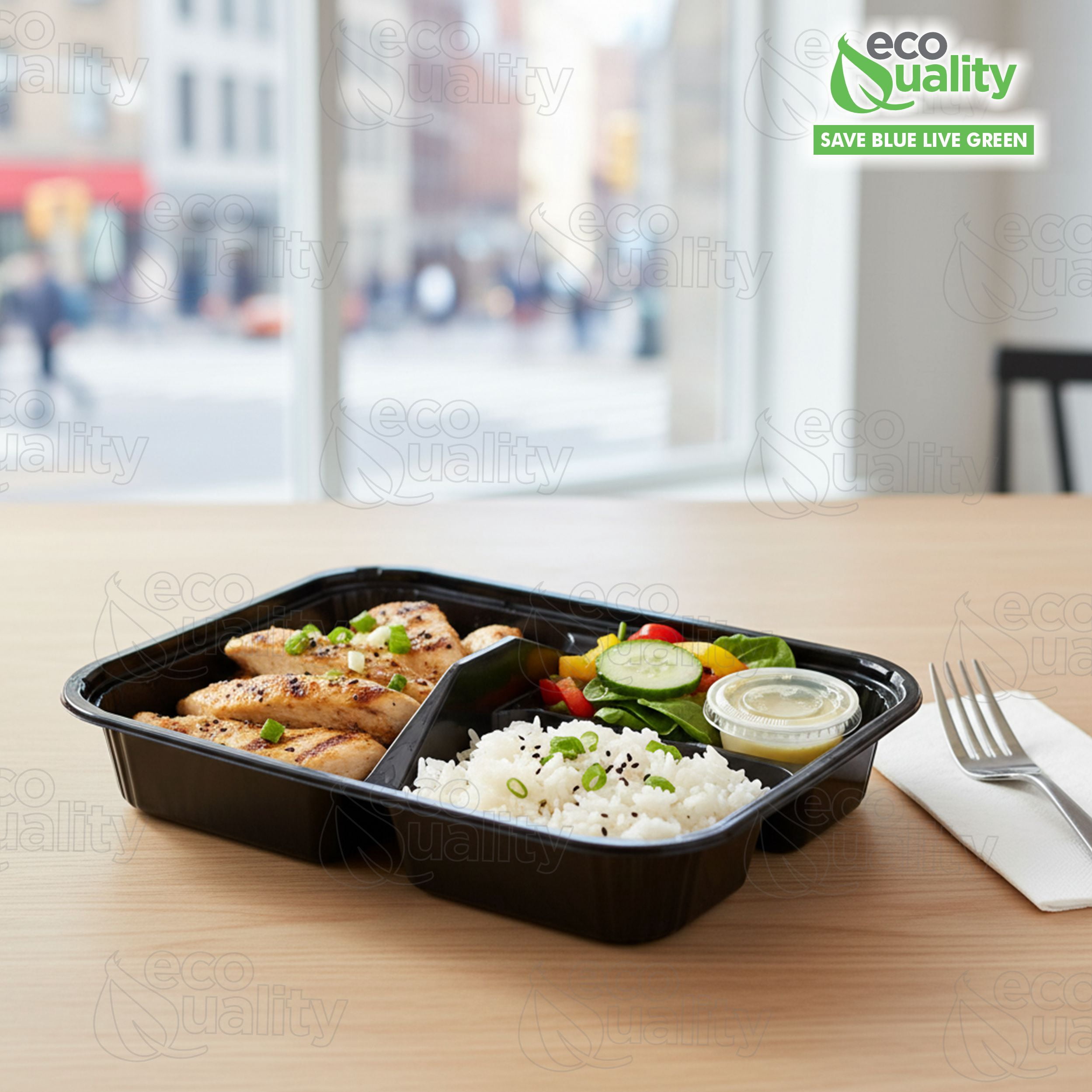 EcoQuality [45 Pack] 3 Compartment Black Disposable Container with Lids, Meal Prep Container, Food Storage Bento Box, Disposable, Stir Fry | Lunch Boxes | BPA Free