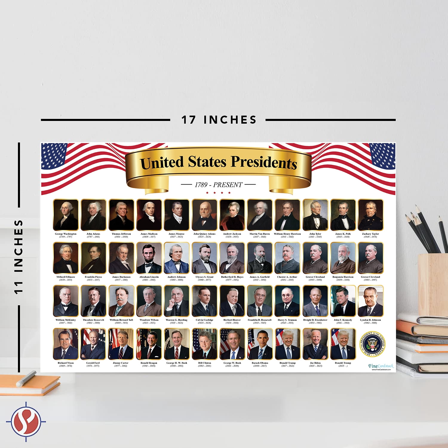 Presidents of the United States Educational Chart – Great Learning Tool for Kids | Perfect for Home, School and Office Use | 80lb Cardstock (216gsm) | 11 x 17” | 10 per Pack