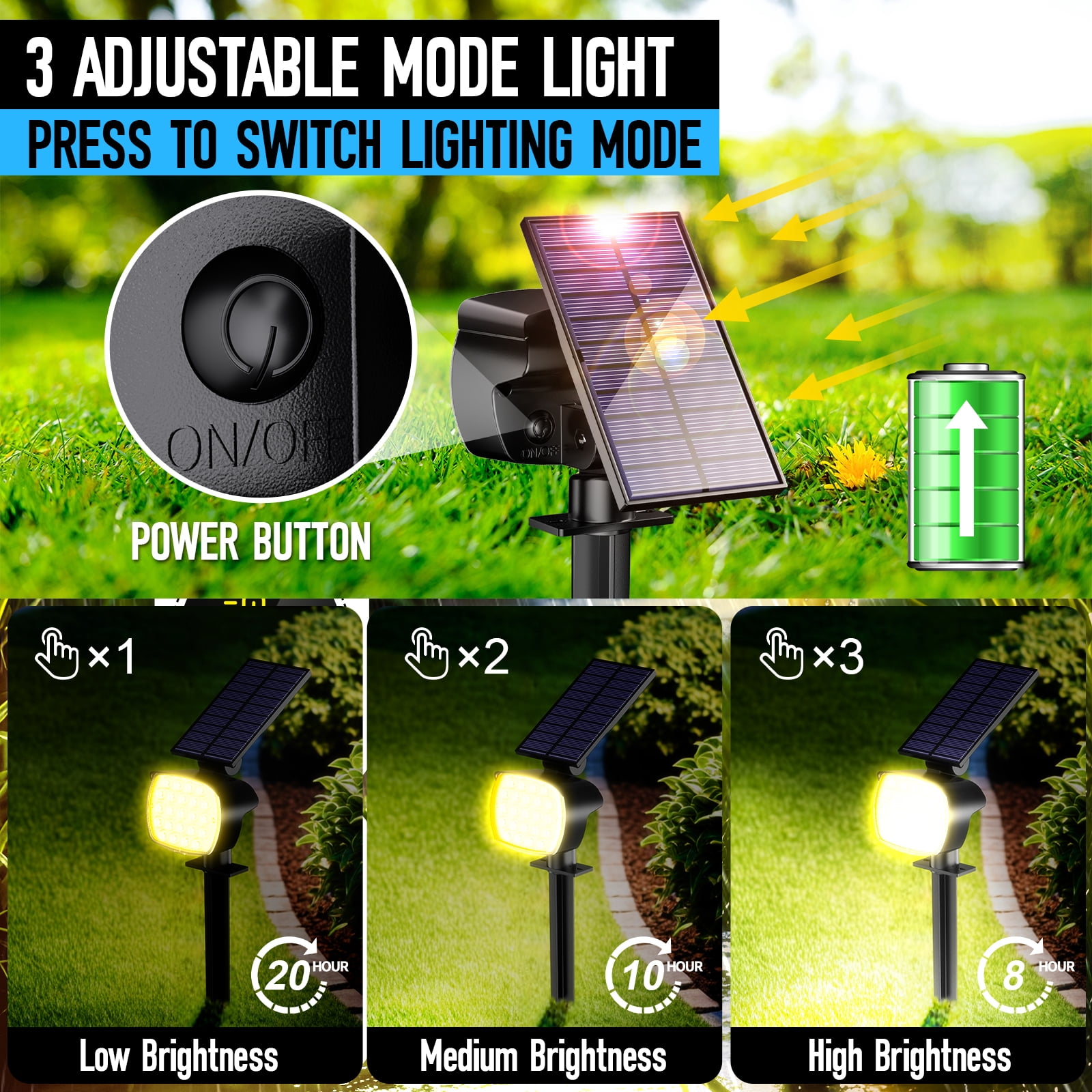 CHARKEE Outdoor Solar Lights,3 Modes Solar Spot Lights for Garden Yard Landscape,Warm White
