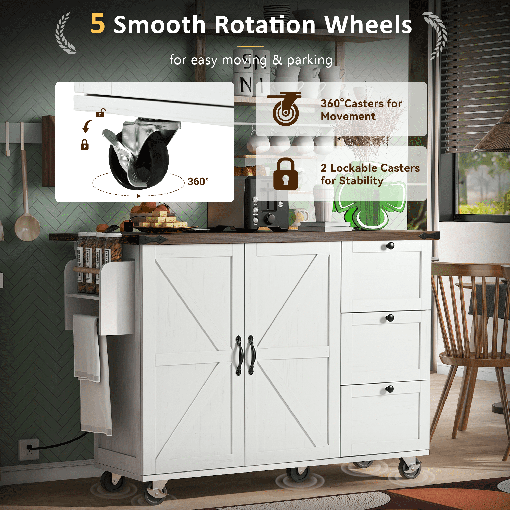 Yoneston 54.5" Farmhouse Kitchen Island with Power Outlet and Drop Leaf, Multifunctional Kitchen Trolley with Internal Storage Rack, Spice Rack and 2 Doors 3 Drawers for Kitchen Dining Room, White