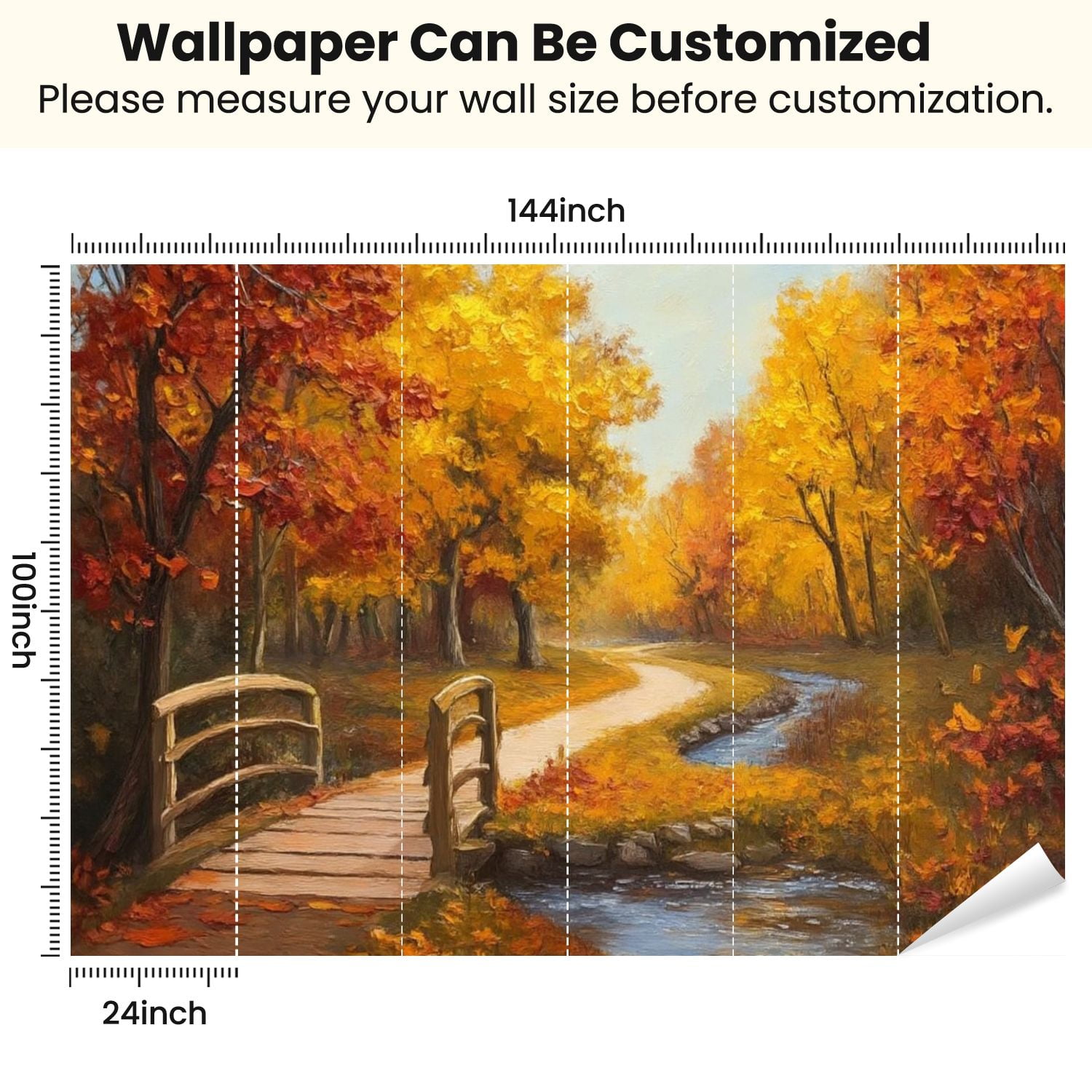 Peel and Stick Wallpaper Oil Painting Autumn Forest River Bright Red Leaves Colorful Bridge Modern Art Wall Mural Decor Self Adhesive and Removable 100in x 144in