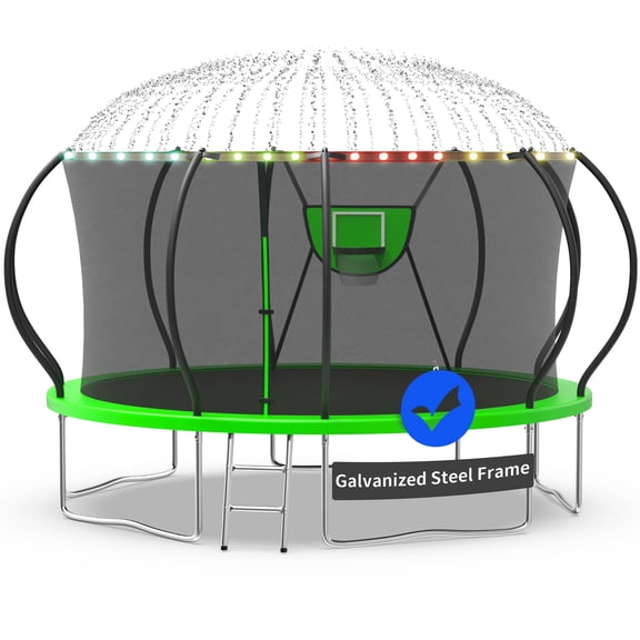 Kacho Trampoline, Trampoline with Enclosure Net 14FT 1400LBS Trampoline for 3-4 Kids and 2-3 Adults, Trampoline with Basketball Hoop, Ladder, Ball, Light, Sprinkler, Heavy Duty Trampoline, Green