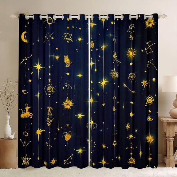 jejeloiu Bohemian Style Blackout Curtains Set of 2 (52x84 Each),Boho Stras Print Window Curtains,Deepblue Gold Curtains and Drapes For Men Women,Breathable Home Decor