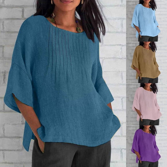 Tops de maternidad,Blusa plisada de manga 3/4 para mujer, cuello redondo, efecto lino, corte holgado, poliéster, ropa informal, sopatenor