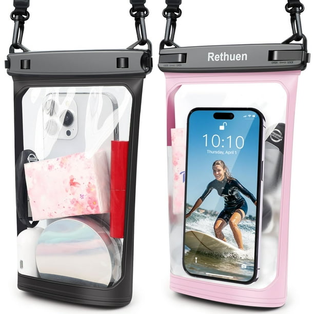 Funda flotante impermeable para teléfono Rethuen, paquete de 2, negro y rosa
