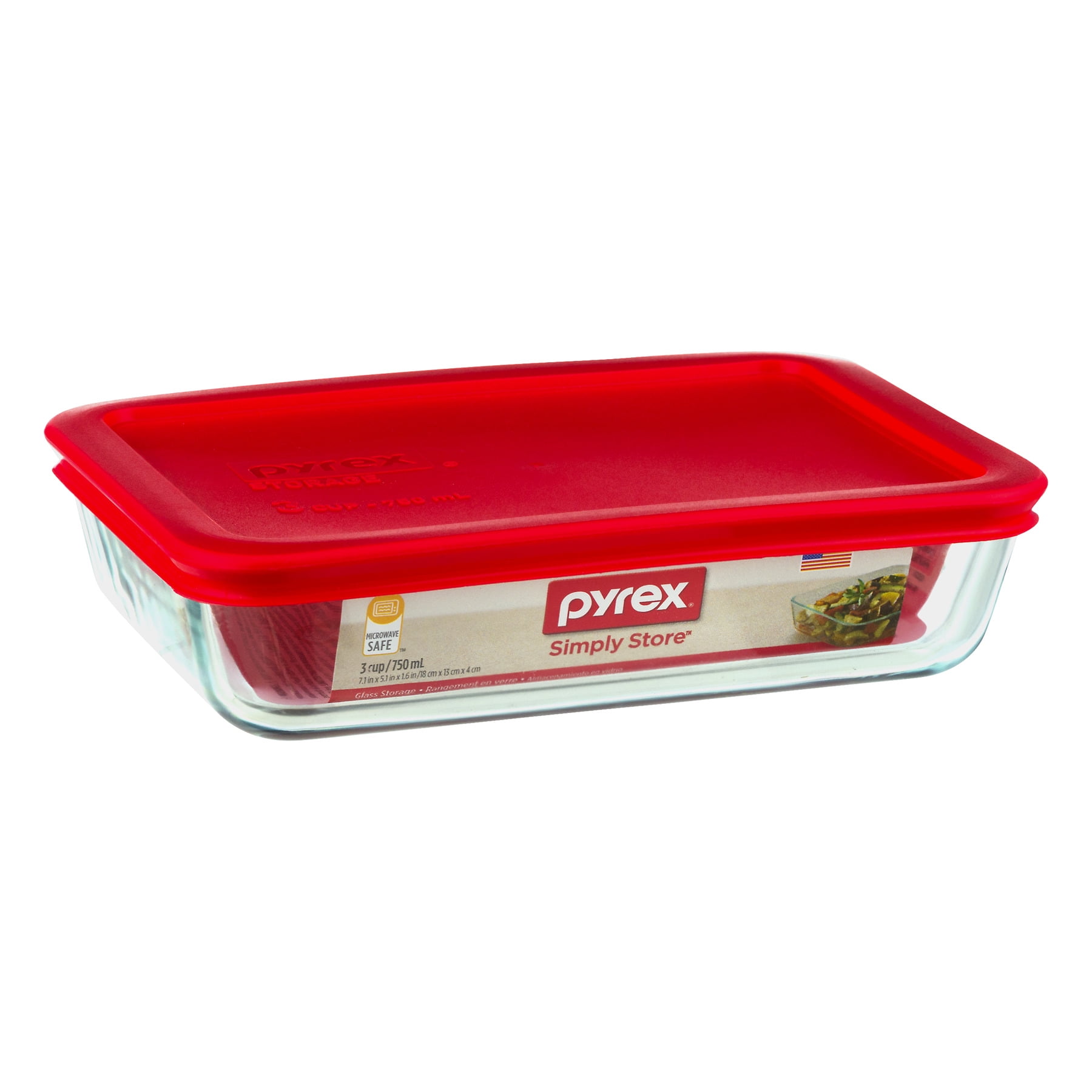 Pyrex Simply Store Glass Rectangular Food Container with Red Lid 3-cup 