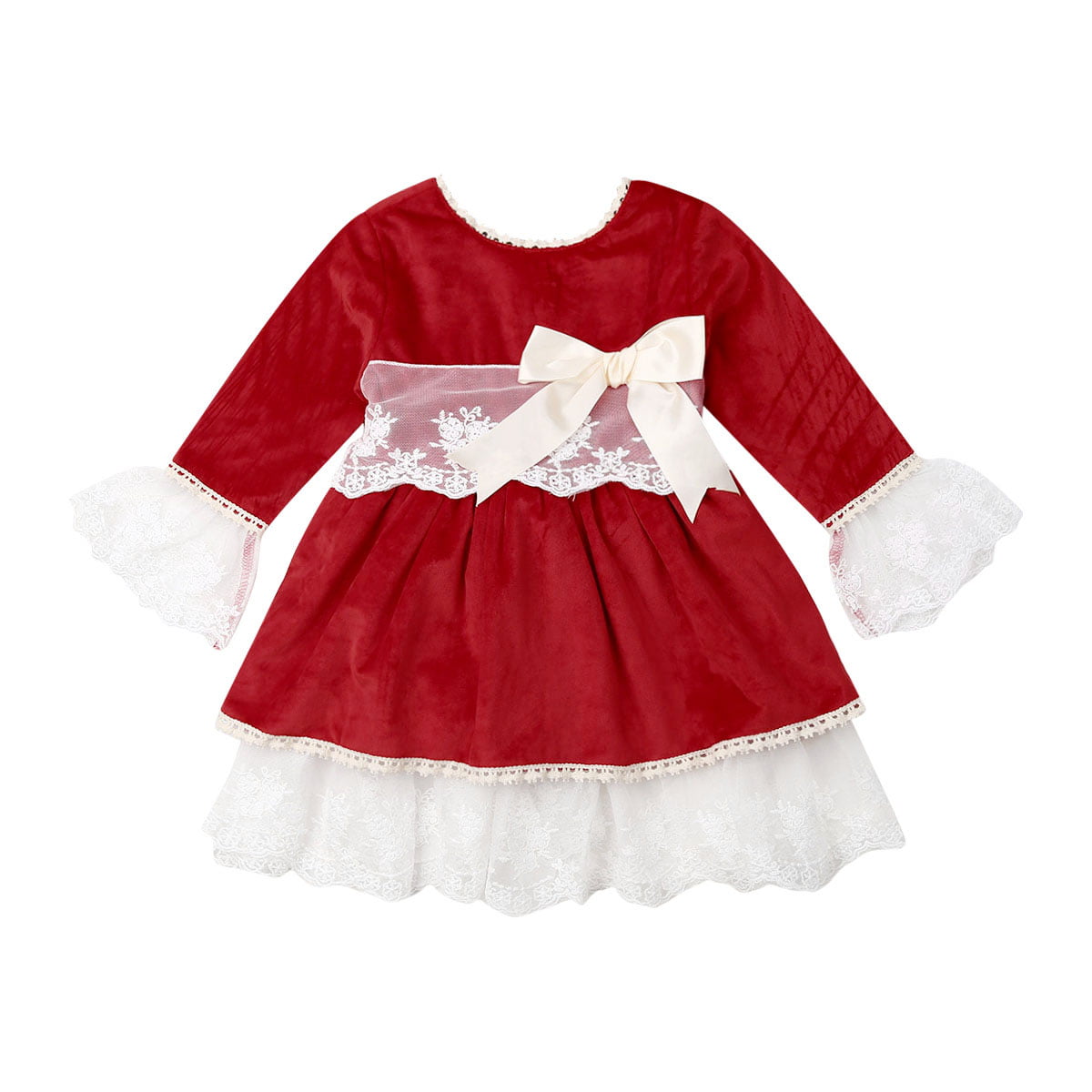 Xmas Kid Baby Girl Christmas Velour Lace Ruffle Bow Tutu Dress Clothes Outfit 