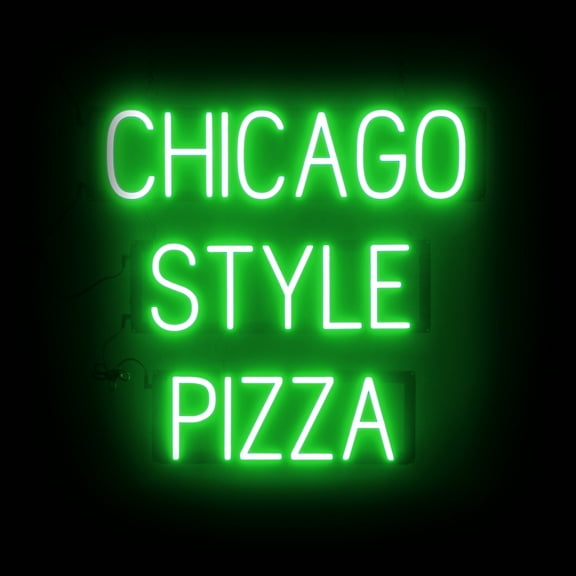 SpellBrite CHICAGO STYLE PIZZA LED Sign for Business. 26.4" x 23.8" Green CHICAGO STYLE PIZZA Sign Has Neon Sign Look With Energy Efficient LED Light Source. Visible from 500+ Feet, 8 Animations.