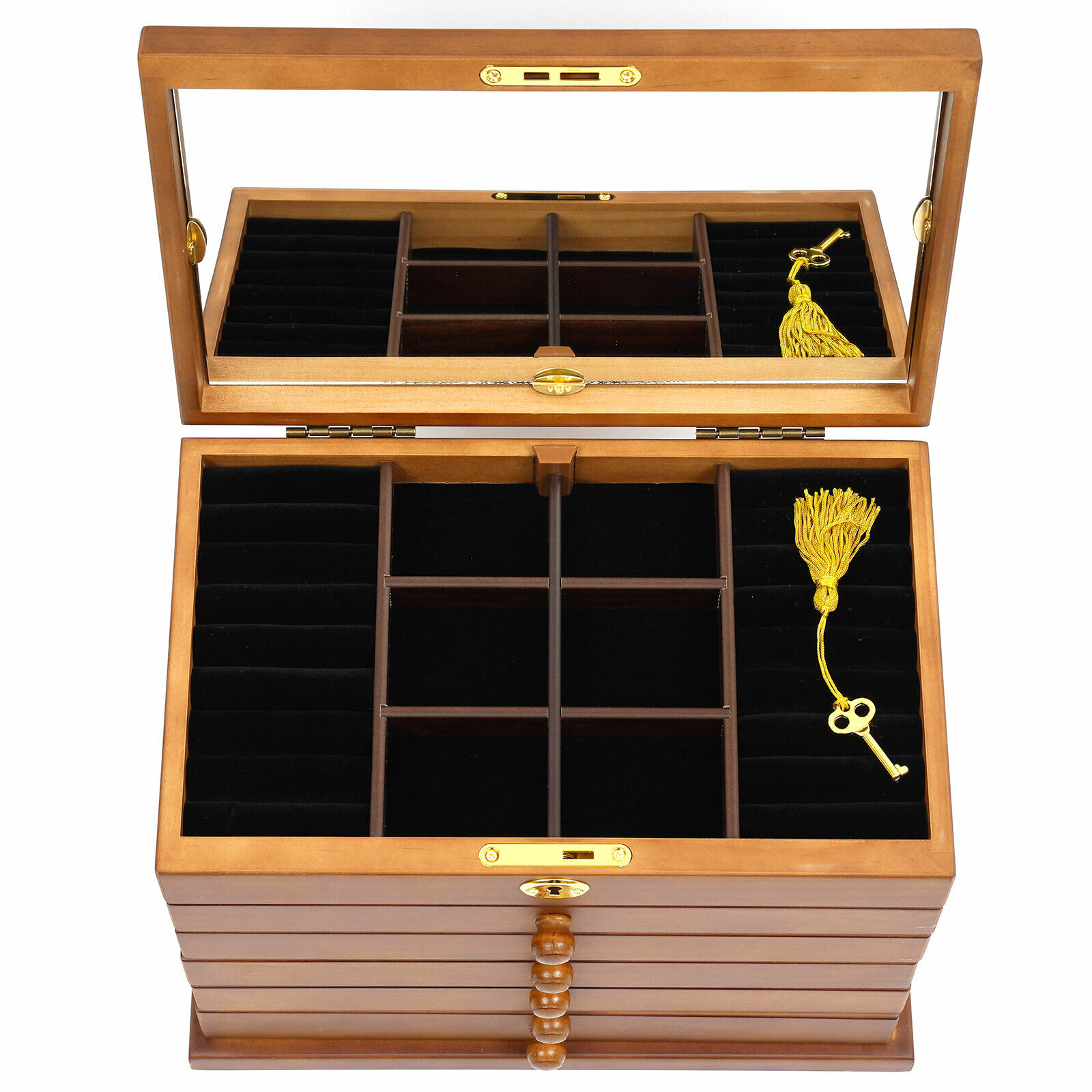 Large Carved 6 Layers Wooden Jewelry Box Jewelry Case Cabinet Armoire Ring Necklacel Gift Storage Box Organizer Brown 6 Layers Wooden Watch Display Storage Box Jewelry Organizer With Mirror/Lock