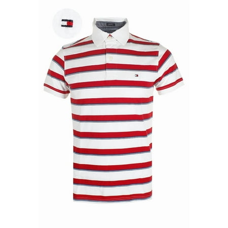 Tommy Hilfiger Men's Short Sleeve Striped Custom Fit Polo Shirt White Red S