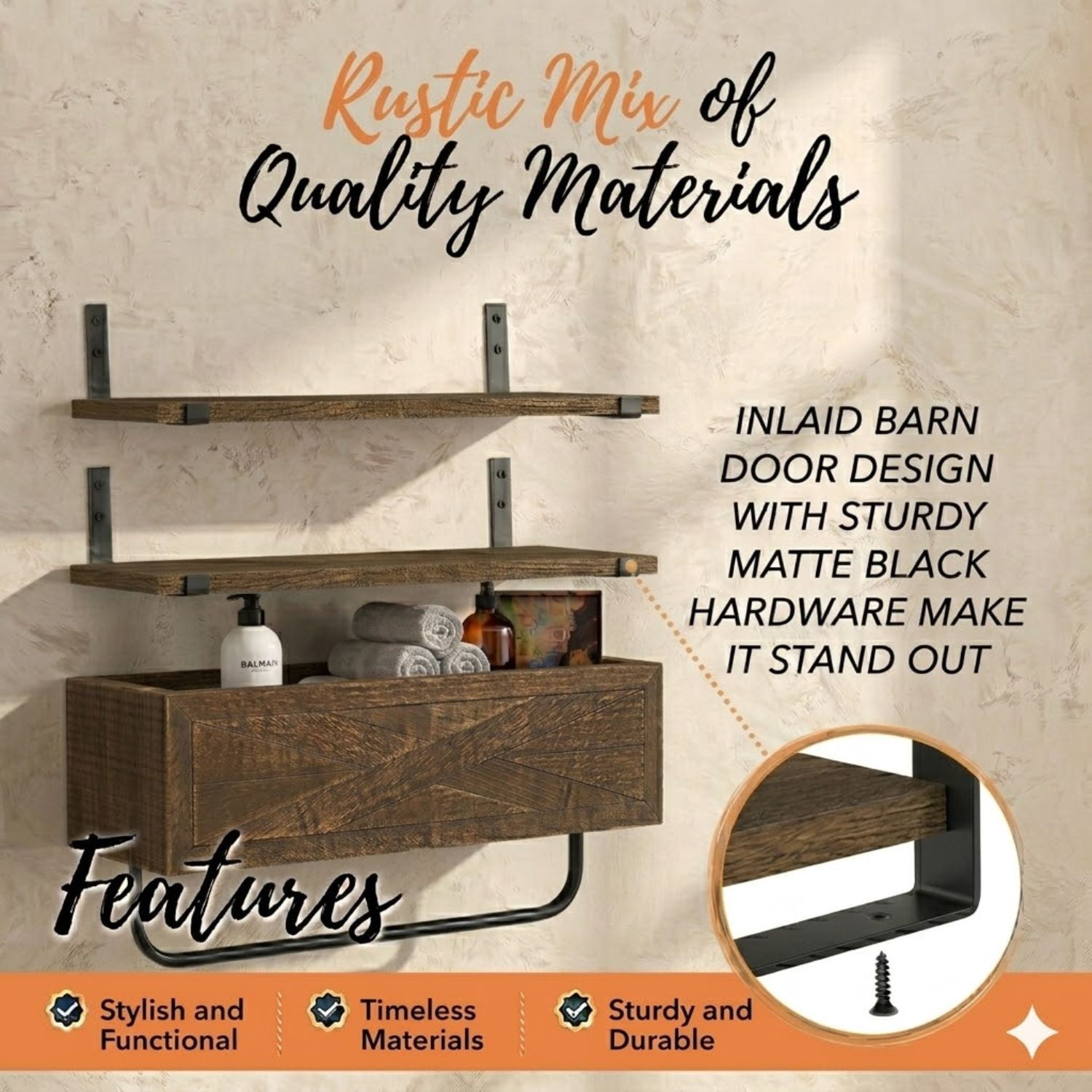 Autumn Alley Rustic Farmhouse Bathroom Shelves Wall Mounted – Industrial Floating Shelves for Bathroom With Towel Bar – Stunning Inlaid Wood Design, Above Toilet Shelves Rustic Towel Rack