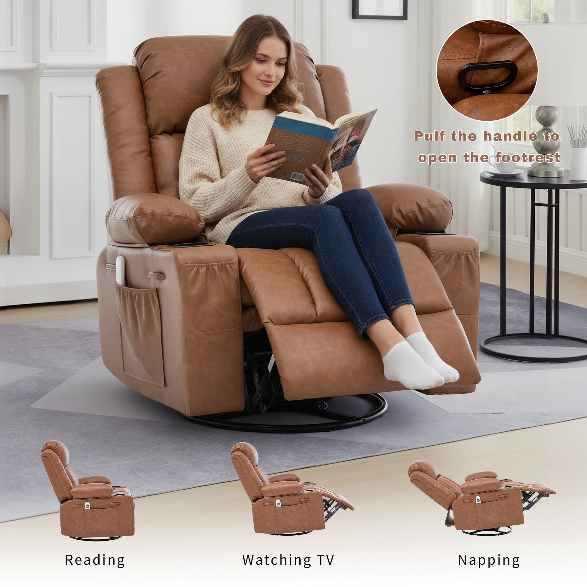 GAOHAPY Rocker Recliner Chair with Heat and Massage,360°Swivel Recliner Chair for Adults Elderly,Oversized Recliner Single Sofa Seat with 2 Cup Holders and Side Pocket(Brown)