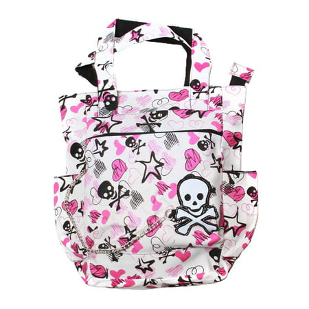 Clover Tote Chain Style Hand Bag - White, Pirate Skull and Sketched Hearts and Stars