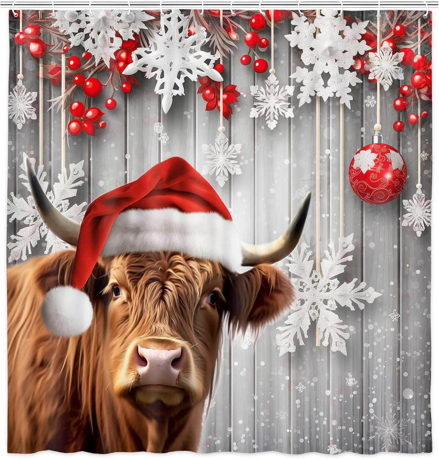 Highland Cow Christmas Shower Curtain, Funny Animals on Rustic Wooden Board Winter Farmhouse Snow Bathroom Bathtubs Decor, Polyester Fabric Xmas Pine Snowflake Bathroom Accessories with Hooks, 60X70in