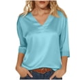 thumbnail image 2 of 3/4 Length Sleeve Womens Tops 2026 Trendy Satin V Neck Loose Dressy Casual Office Tshirt Womens Blouses, 2 of 7