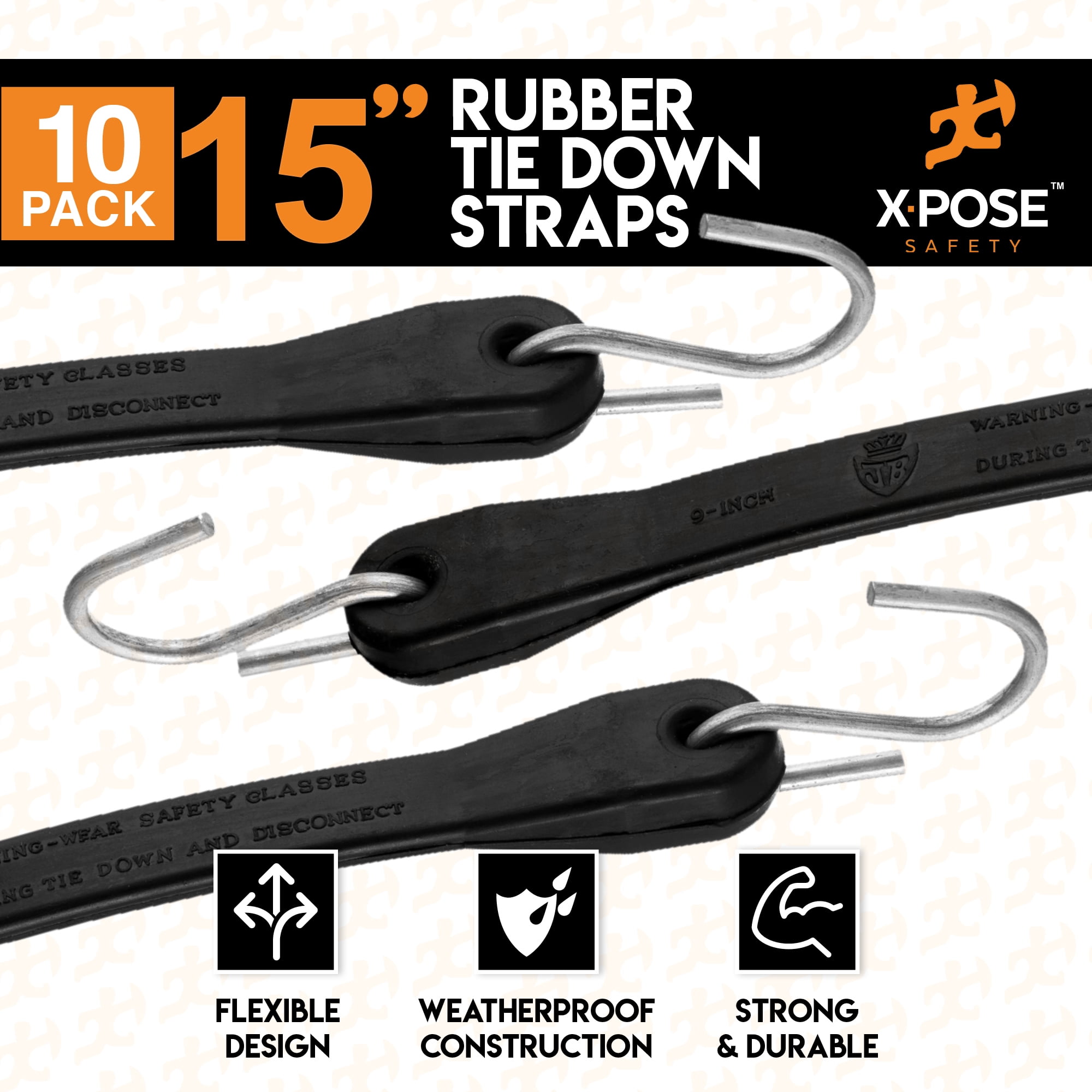 Rubber Bungee Cords with Hooks 10 Pack 15 Inch (27â€ Max Stretch) - Heavy-Duty Black Tie Down Straps for Outdoor, Tarp Covers, Canvas Canopies, Motorcycle, and Cargo - by Xpose Safety