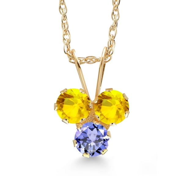 Gem Stone King 14K Yellow Gold Yellow Sapphire and Blue Tanzanite 3-Stone Pendant Necklace for Women (0.42 Cttw, Gemstone September Birthstone, Round 3MM, 18 inch Chain)