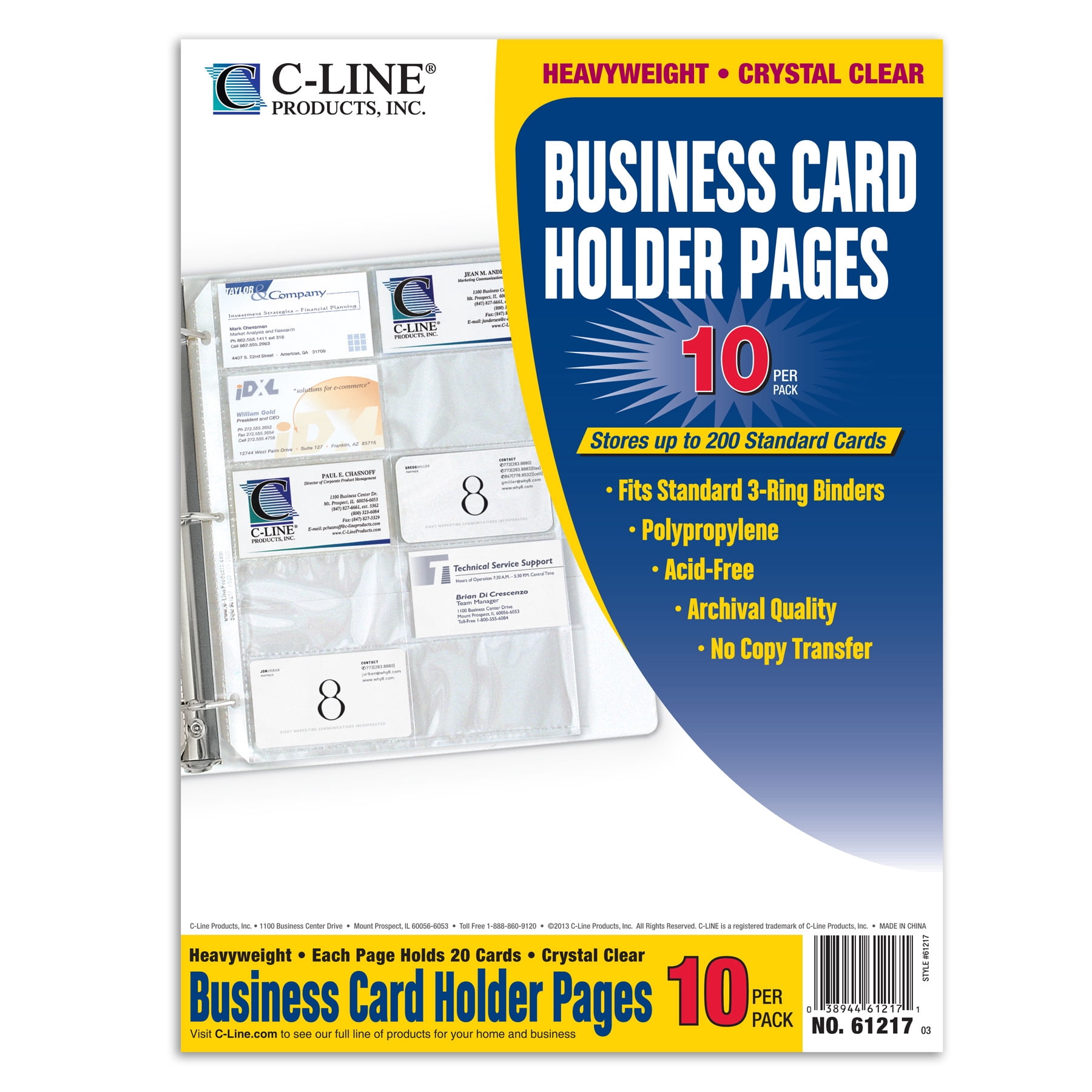 C-Line Business Card Holder, Poly without Tabs, Holds 20 Cards/Page, 11-1/4" x 8-1/8", 10 Per Pack, 10 Packs