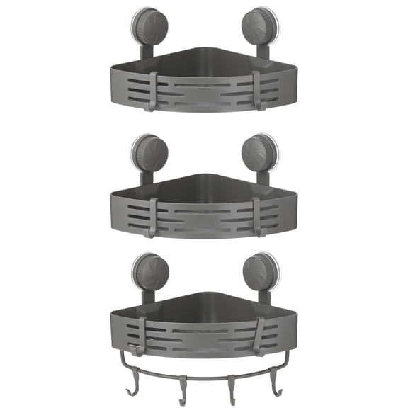 Corner Shower Caddy, 3-Tier Gray Shower Organizer with Towel Bar and Hooks, Wall-Mounted Rustproof Aluminum Bathroom Corner Shelf for Shampoo, Soap, Towel, Toiletries