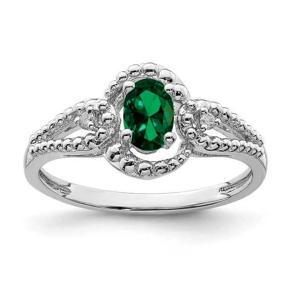 White Sterling Silver Ring Band Gemstone (05) May Emerald, Lab Created Oval Green Diamond Round