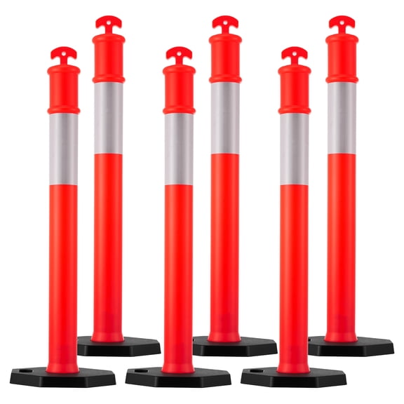 KFFKFF 6 Pack Traffic Delineator Posts, 48-Inch Safety Cones with Weighted Base and Reflective Bands, Durable Posts for Construction Zones, Parking Areas, and Crowd Management, Red