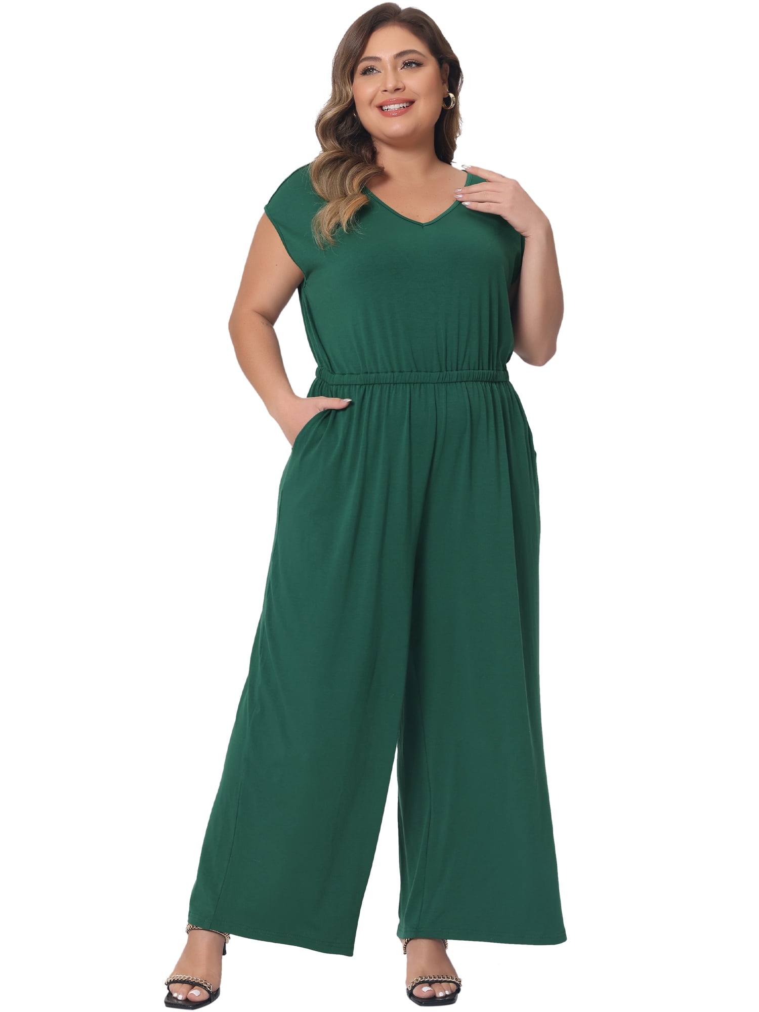 DARING DIVA Women's Plus Overall Rompers with V Neck and Sleeveless Design 4XL Green