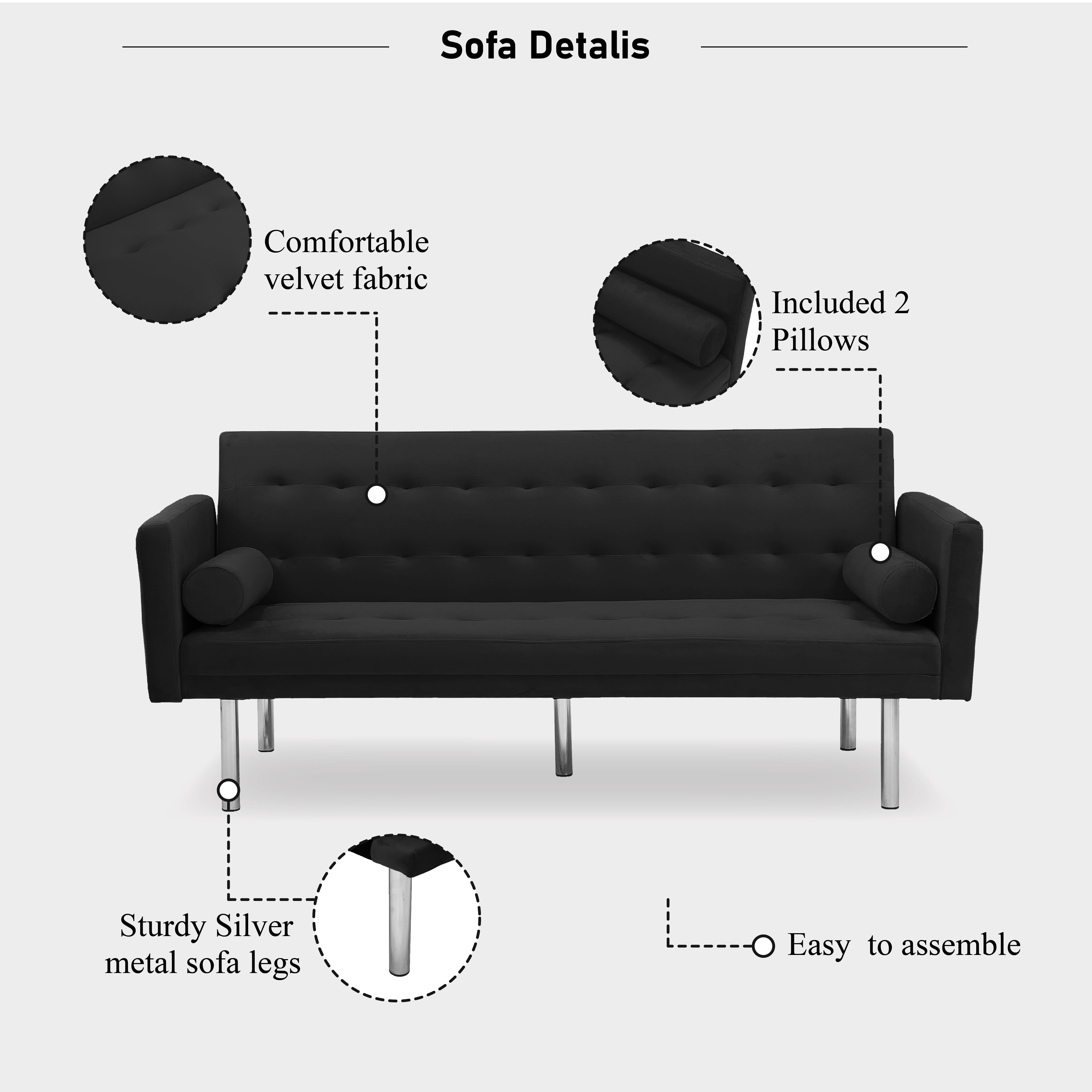 DEALTOPS Velvet Futon Sofa Bed Upholstered Convertible Sofa Couch, Recliner Modern Tufted Back Couch Lounge for&nbsp;Living Room - Black