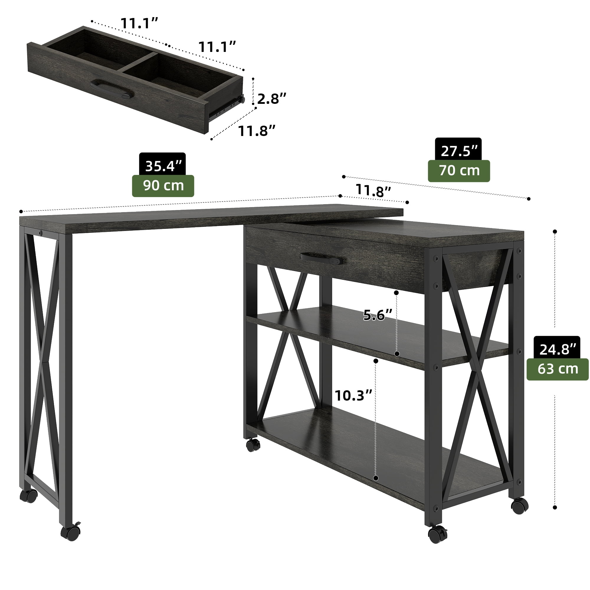 Uforic Rolling Computer Office Desk, Rotating Corner Writing Desk with Drawer and Shelves, Gray