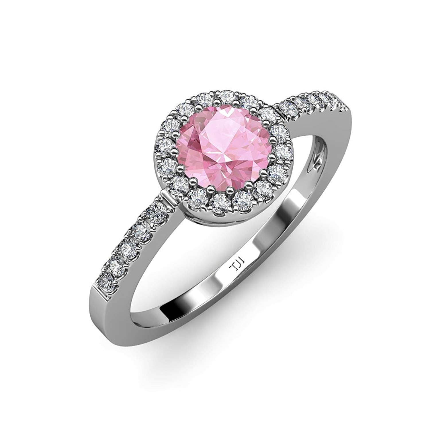 Pink Tourmaline and Diamond (SI2-I1, G-H) Halo Engagement Ring 1.52 ct tw in 14K White Gold.size 6.0 by TriJewels