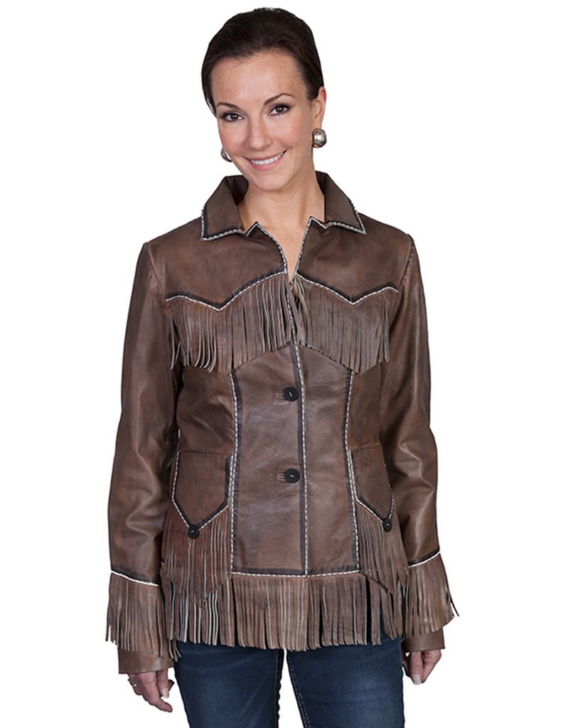 Scully Western Jacket Womens Leather Fringe Button Brown L11