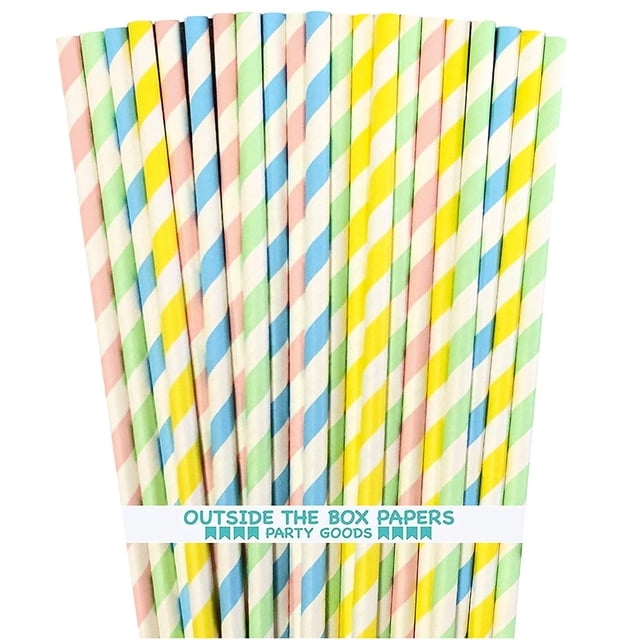 Pastel Stripe Easter Paper Straws - Light Blue Blush Pink Yellow Mint Green - 7.75 Inches - 100 Pack