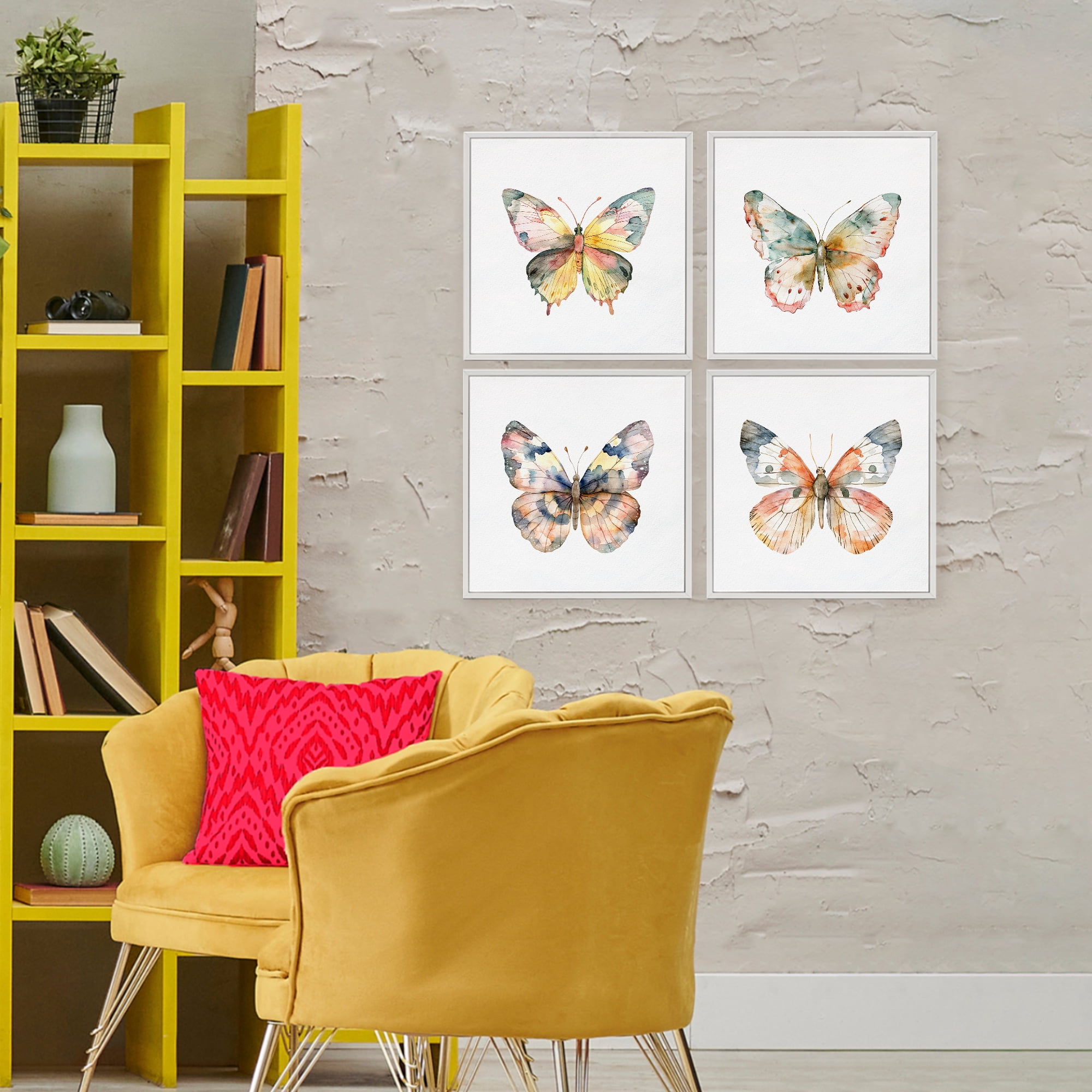 Stupell Industries Watercolor Butterfly Forms 4 Piece White Framed Giclee Art Set, design by Kim Allen