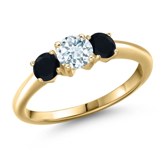 Gem Stone King 10K Yellow Gold Sky Blue Aquamarine and Black Onyx Engagement Ring for Women | 0.94 Cttw | Round 5MM | Gemstone March Birthstone | Size 9
