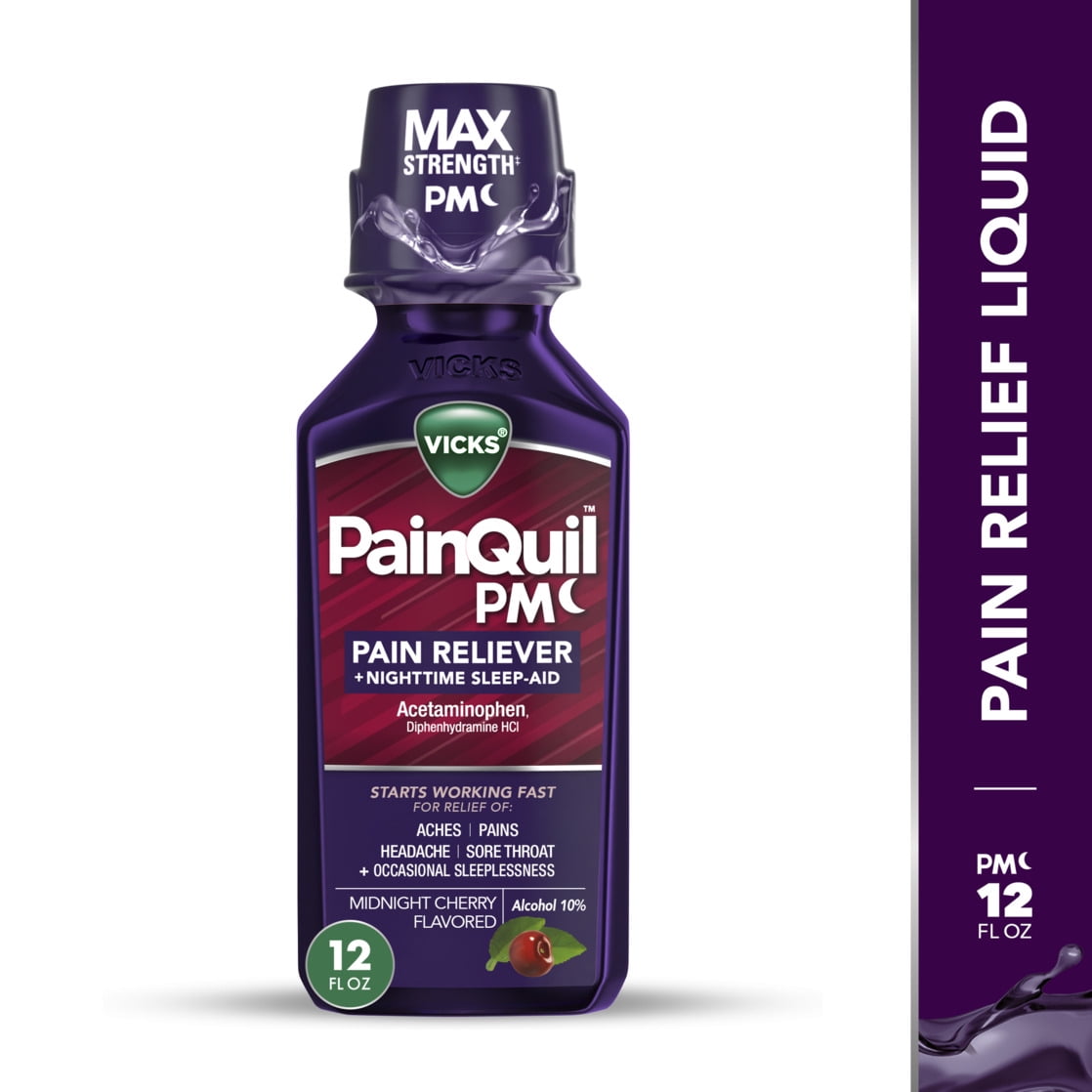 Vicks PainQuil Pain Relief Acetaminophen 1000mg Max Strength Adult Pain Reliever Liquid 12oz, Backache Headache Relief, 1 Nighttime Pain Reliever + Sleep Aid
