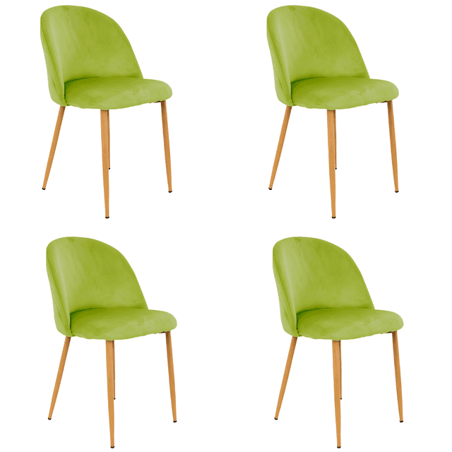 Sillas de Comedor de Terciopelo con Patas de Acero Acabado Tipo Madera Estilo Moderno - Sillas de Comedor Tapizadas Minimalista con Relleno Suave Set 4 Piezas Verde Limon