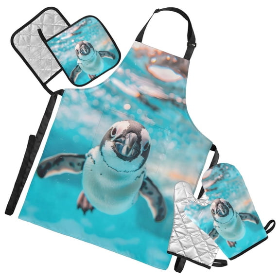Cute Penguin Swimming 5 Pcs Kitchen Set Heat Resistant Oven Mitts and Non-Slip Pot Holders with Adjustable Cooking Apron