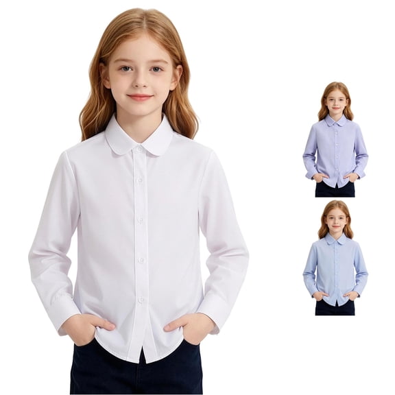 GobdXE Solid Peter Pan Collar Long Sleeve Button Down Shirt Unisex Kids Back to School Uniform Plain Casual Blouse Tops for Boys Girls 17-18 Years,White
