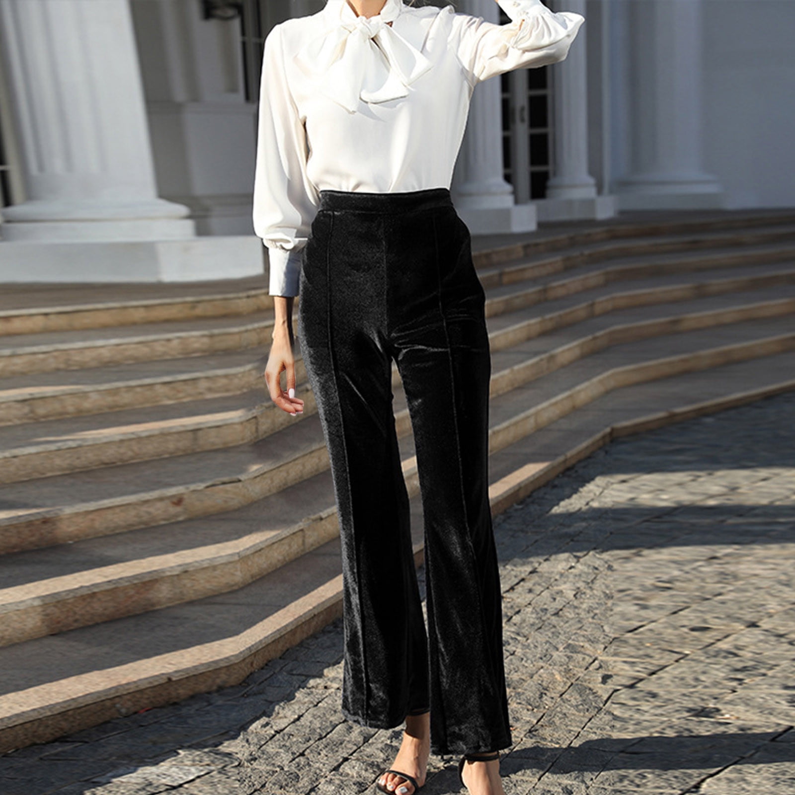 XFLWAM Women's Velvet Pants Wide Leg Flare Pants Elastic