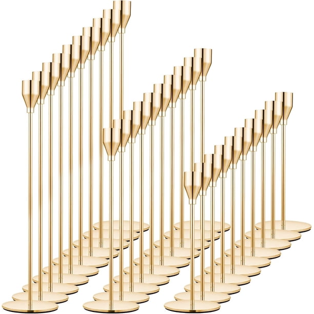 Juego de 30 portavelas dorados para velas cónicas, candelabros decorativos de metal dorado para bodas, cenas, fiestas, decoración del hogar, se adapta a velas de 3/4 pulgadas de grosor y