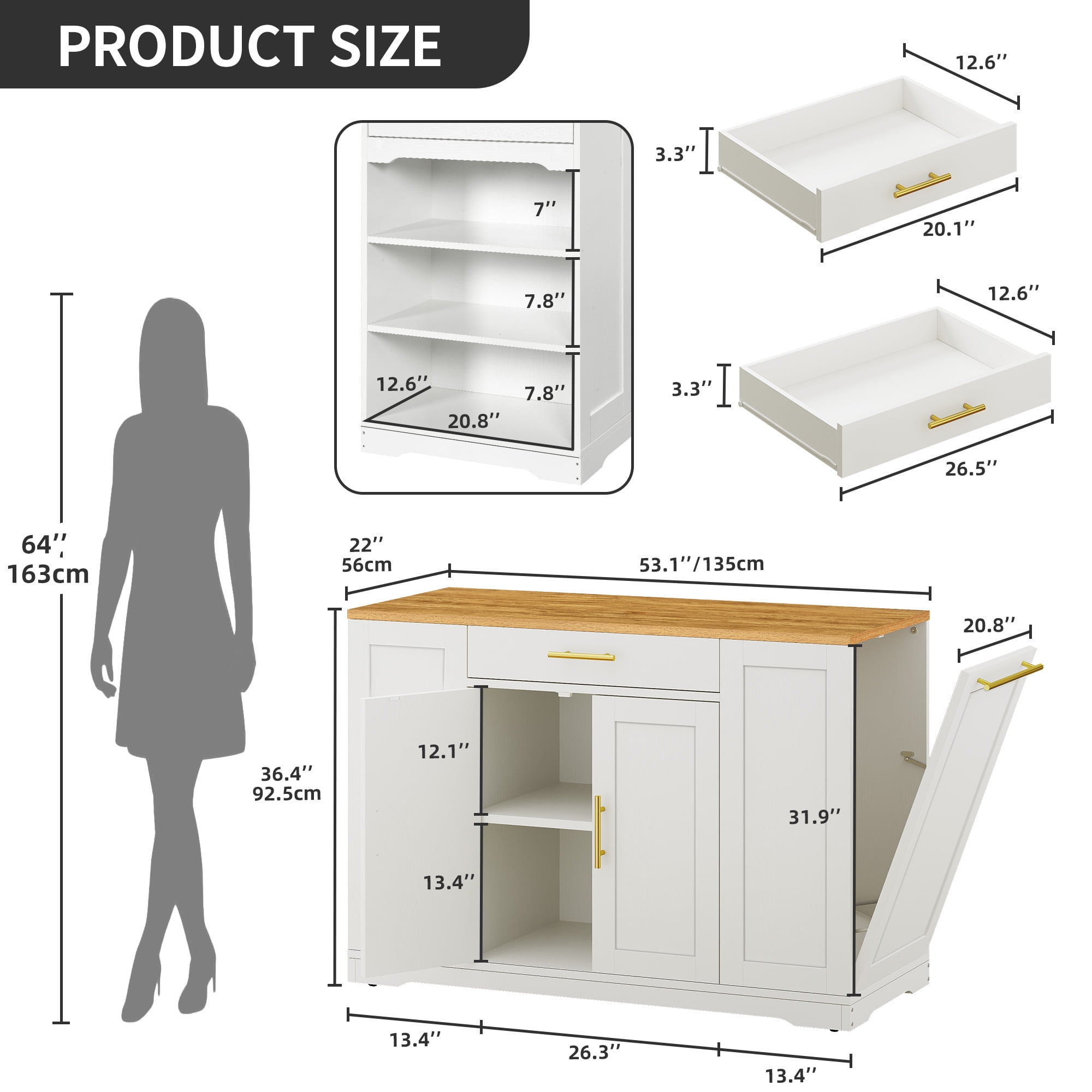 Uforic Rolling Kitchen Island with Wheels & Drawers, Kitchen Storage Cart with Storage Cabinet for 13-Gallon Trash Bin, White