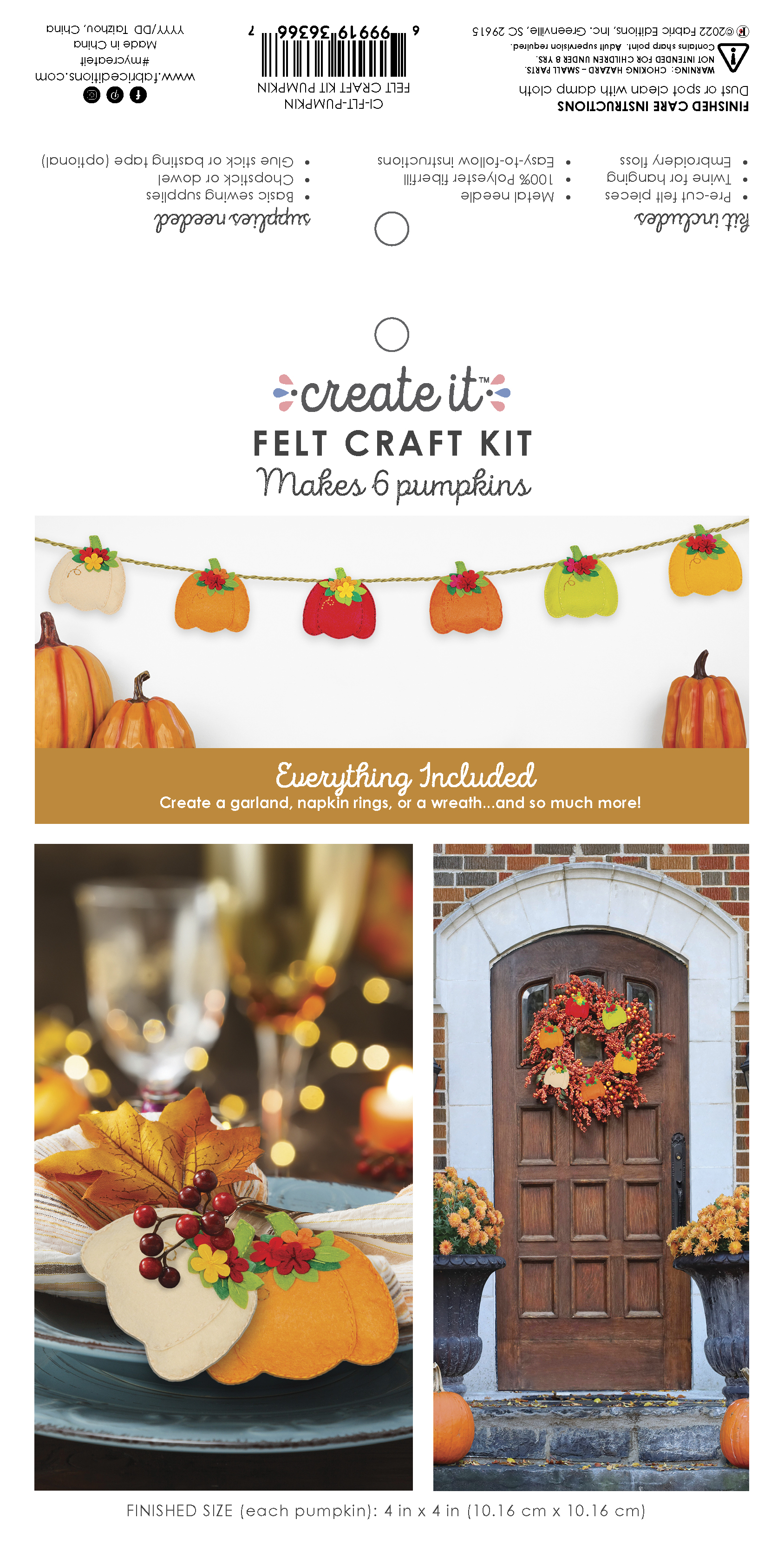 Fabric Editions Create It Felt Craft Kit Garland Pumpkins, Orange 6 Pieces